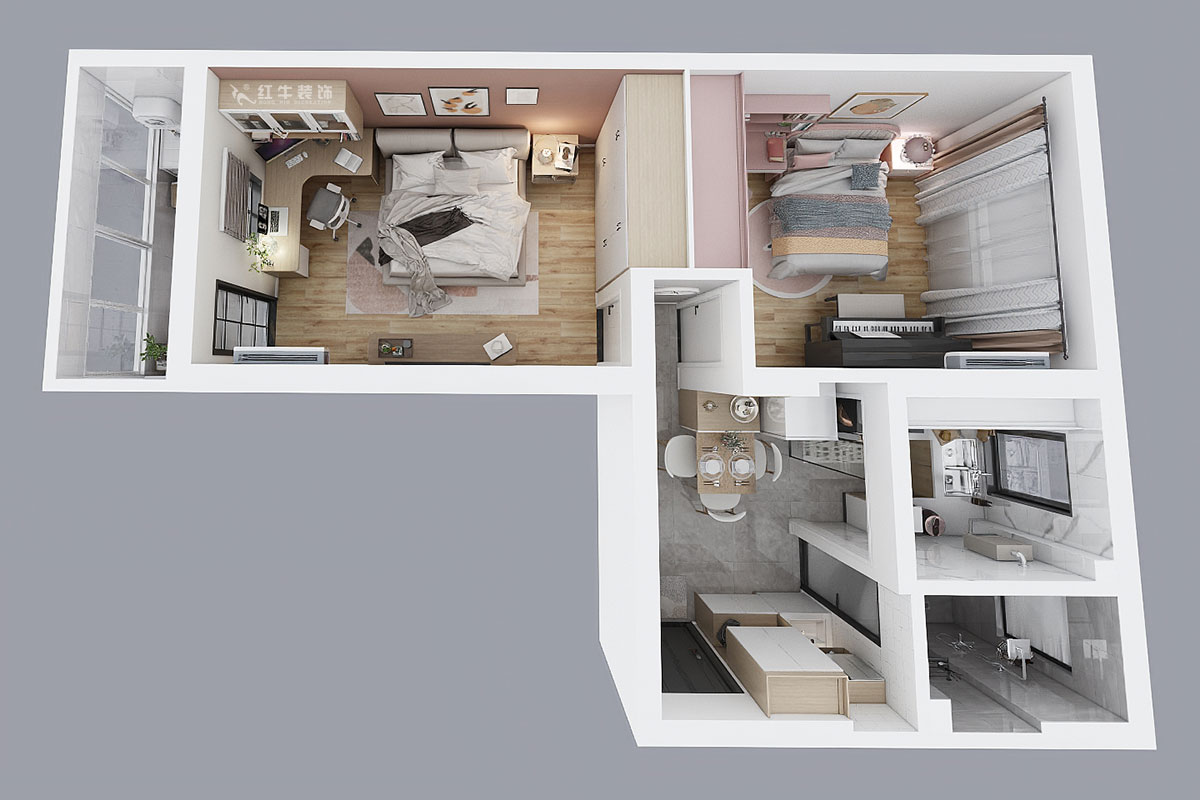 張桐瑋｜老虎頭3-1-403-59㎡-現(xiàn)代簡約風格｜2室1廳1衛(wèi)｜老房裝修｜定制家￥68410｜全包10萬｜00_05鳥瞰圖