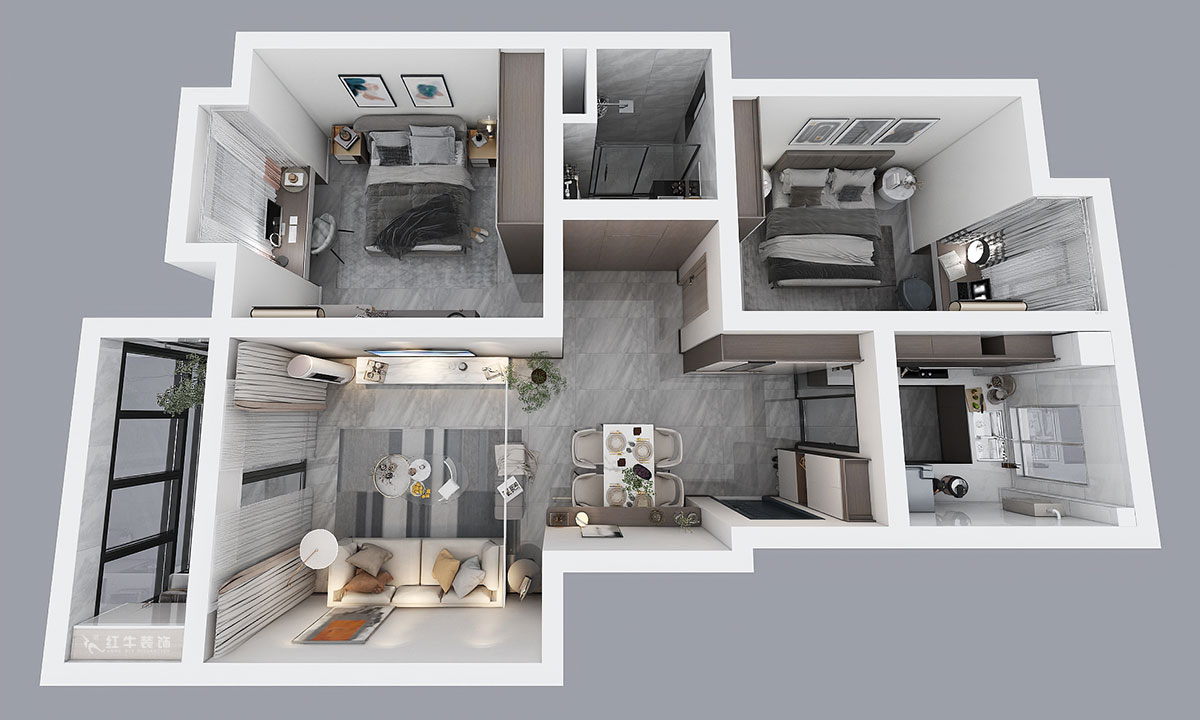 吳波|亞東國際13-105-90㎡-現(xiàn)代風(fēng)格|2室2廳2衛(wèi)|舊房裝修|定制家¥114404|全包12萬|00_04鳥瞰圖