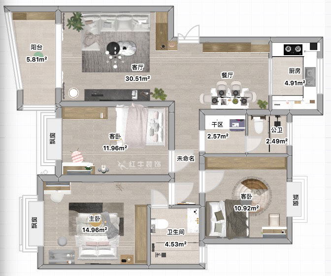 蔣?。鸶［?-405-110㎡-現(xiàn)代簡約風(fēng)格｜2室2廳2衛(wèi)｜新房裝修｜定制家｜全包15萬｜00_04平面彩圖