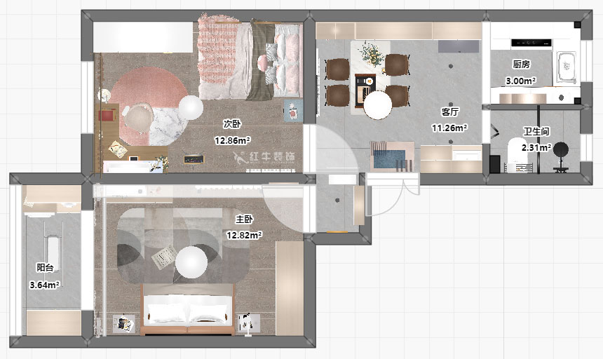 熊浩宇|天津新村28-202-60㎡-現(xiàn)代風格|2室1廳1衛(wèi)|老房改造裝修|定制家¥87700|全包10
