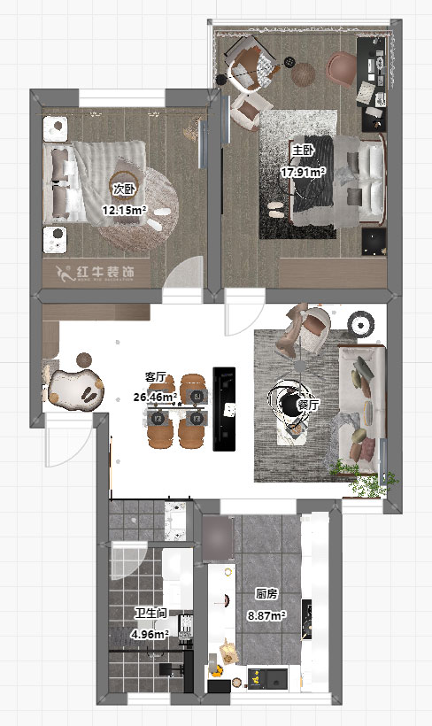 吳波｜康居新寓6-602-90㎡-現(xiàn)代風(fēng)格｜2室2廳2衛(wèi)｜舊房裝修｜定制家｜全包12萬(wàn)｜00_03平面彩圖