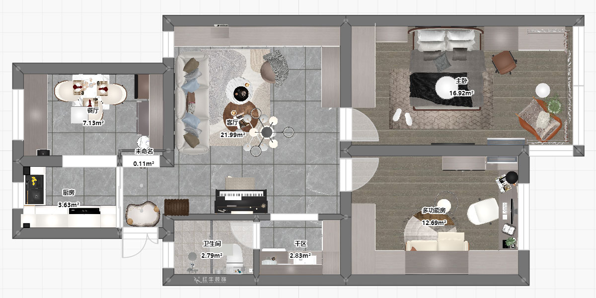 陶陽｜雨花村18-103-85㎡-現(xiàn)代簡約風格｜3室1廳1衛(wèi)｜二手房裝修｜定制家｜全包12萬｜00_03平面彩圖