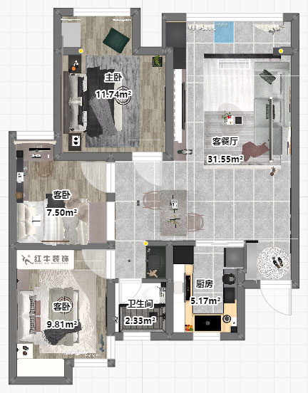 孟憲濤|旭日愛上城星島園5-203-90㎡-簡約風格|3室1廳1衛(wèi)|老房裝修|定制家|全包14萬|00_03平面彩圖