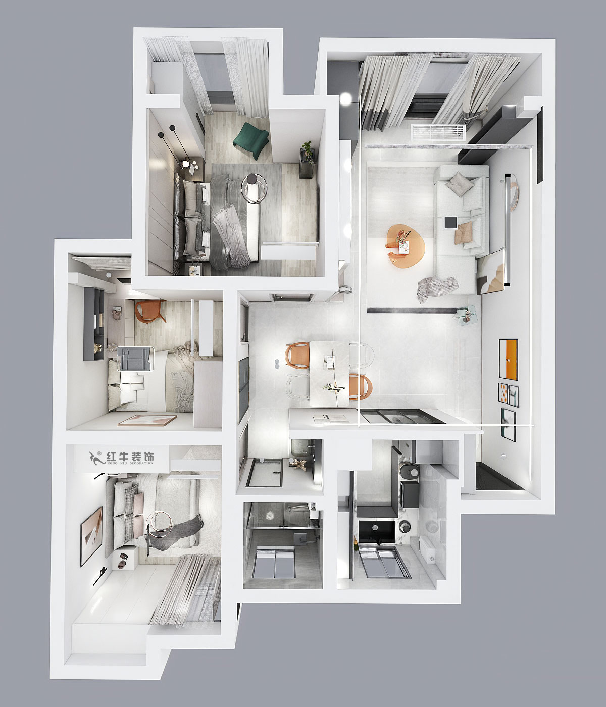 孟憲濤|旭日愛上城星島園5-203-90㎡-簡約風格|3室1廳1衛(wèi)|老房裝修|定制家|全包14萬|00_04鳥瞰圖