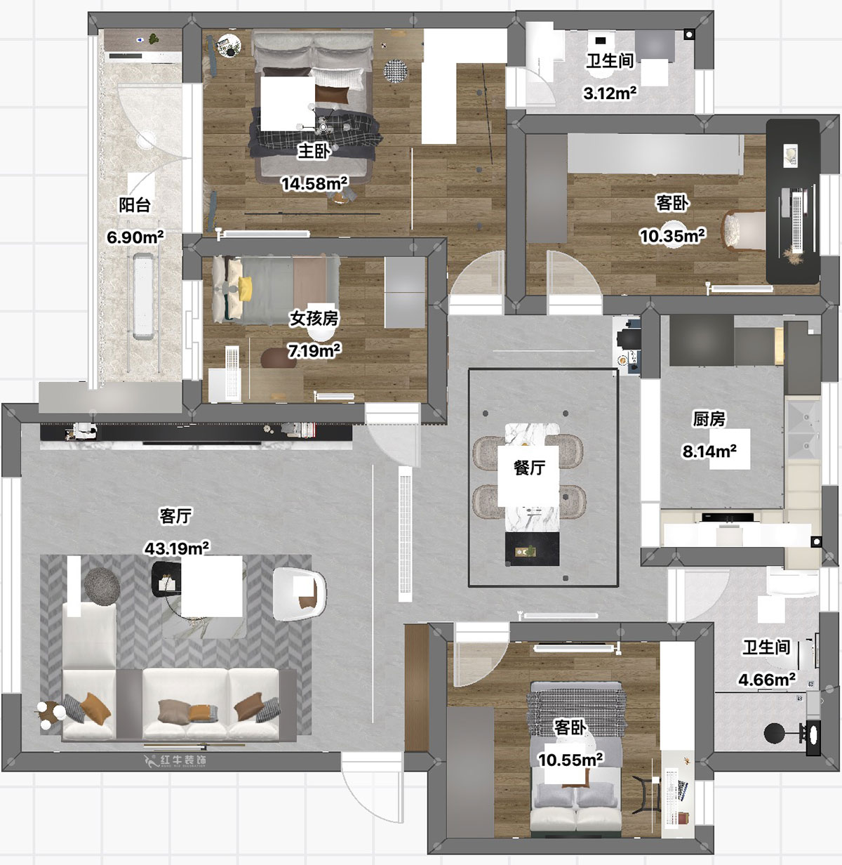 魏利利｜西苑公寓7-301-98㎡-現(xiàn)代簡(jiǎn)約風(fēng)格｜4室2廳2衛(wèi)｜老房改造｜定制家｜全包15萬(wàn)｜00_03平面彩圖