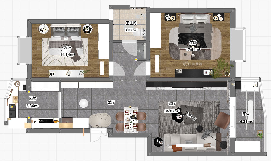 陶陽｜風光里29-108-801-103㎡-現(xiàn)代簡約風格｜2室2廳1衛(wèi)｜二手房裝修｜定制家｜全包14萬｜00_03平面彩圖