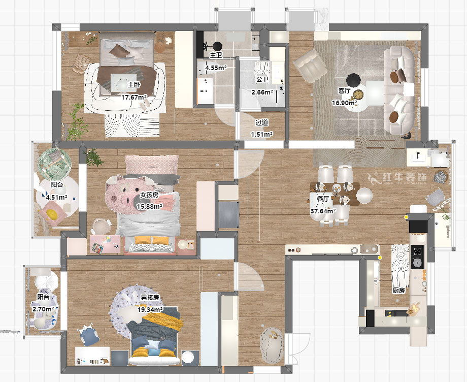 朱彥|仁恒翠竹園26-204-130㎡-簡約風(fēng)格|3室2廳2衛(wèi)|老房裝修|定制家|全包20萬|00_03平面彩圖