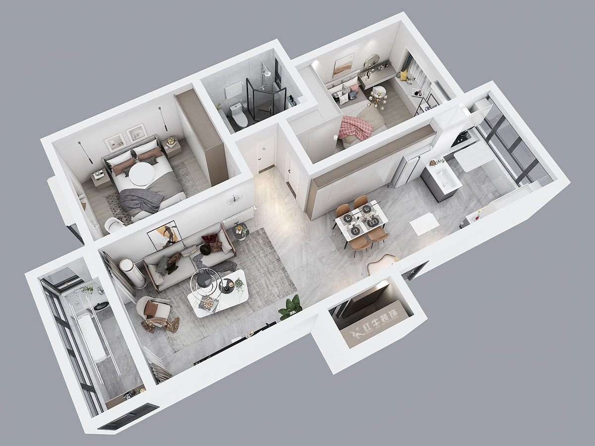 吳波|金虹花園6-304-85㎡-現(xiàn)代風(fēng)格|2室2廳1衛(wèi)|舊房裝修|定制家|全包12萬|00_04鳥瞰圖