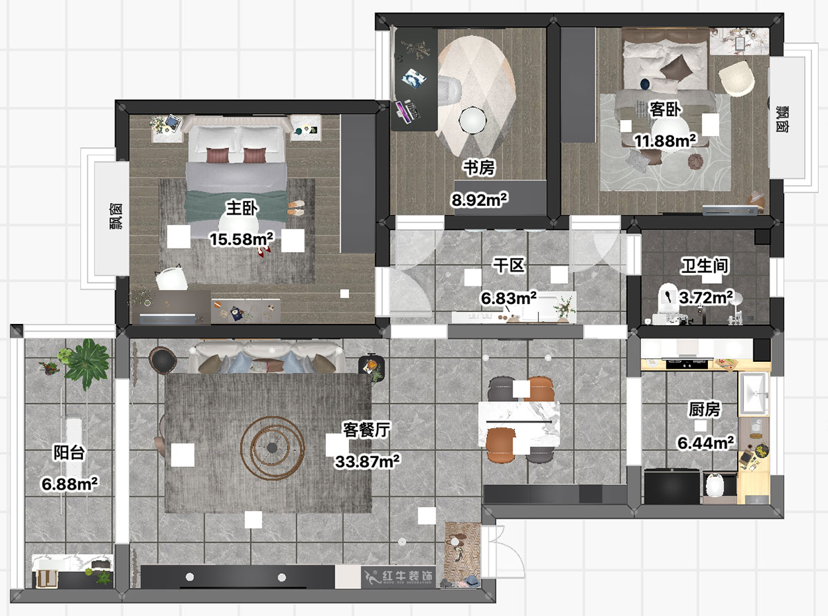 吳波｜水岸康城43-102-110㎡-現(xiàn)代風格｜3室2廳1衛(wèi)｜舊房裝修｜定制家｜全包13萬｜00_03平面彩圖