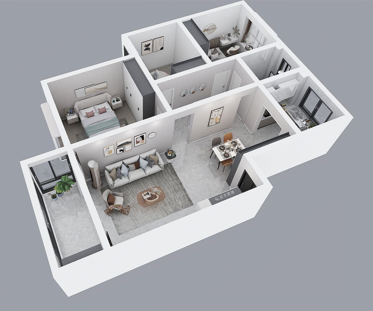 吳波｜水岸康城43-102-110㎡-現(xiàn)代風格｜3室2廳1衛(wèi)｜舊房裝修｜定制家｜全包13萬｜00_04鳥瞰圖