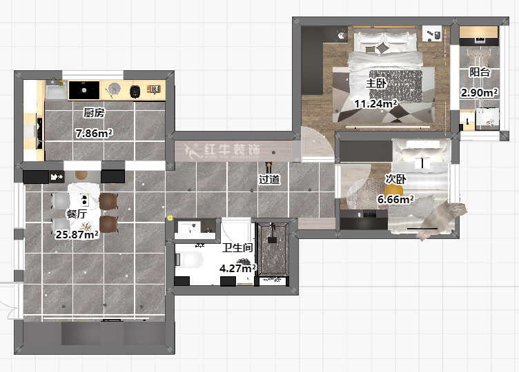 蔣?。A保新寓7-912-85㎡-簡(jiǎn)約風(fēng)格｜2室1廳1衛(wèi)｜老房裝修｜定制家｜全包12萬｜00_03平面彩圖