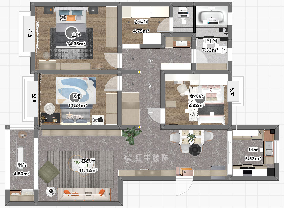 魏明花|鴻意星城19-302-130㎡-現(xiàn)代簡(jiǎn)約風(fēng)格|3室2廳2衛(wèi)|二手房裝修|定制家|全包17