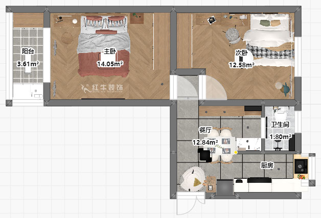 張桐瑋|珠江路653號(hào)1-304-59㎡-現(xiàn)代簡(jiǎn)約風(fēng)格|2室1廳1衛(wèi)|老房裝修|定制家|全包10萬(wàn)|00_03平面彩圖