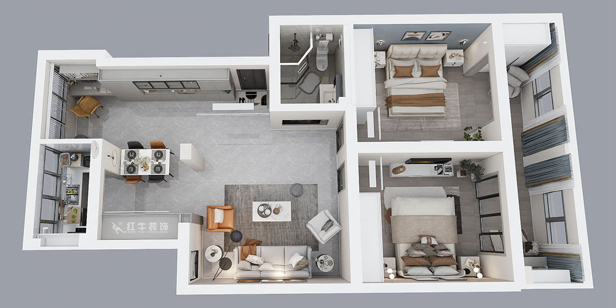 孟憲濤|估衣廊18-3-305-100㎡-簡(jiǎn)約風(fēng)格|3室2廳1衛(wèi)|老房裝修|定制家|全包14萬|00_04鳥瞰圖