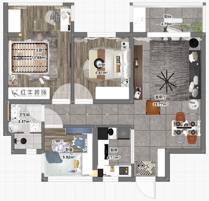 劉小勇｜招商公園里1-303-88㎡-現(xiàn)代簡約風格｜3室2廳1衛(wèi)｜老房裝修｜定制家｜全包11萬｜00_03平面彩圖