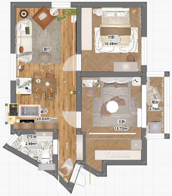 朱明琪｜瑞金新村23-504-1902-69㎡-現(xiàn)代簡(jiǎn)約風(fēng)格｜2室1廳1衛(wèi)｜老房翻新｜定制家｜全包12萬｜00_04平面彩圖