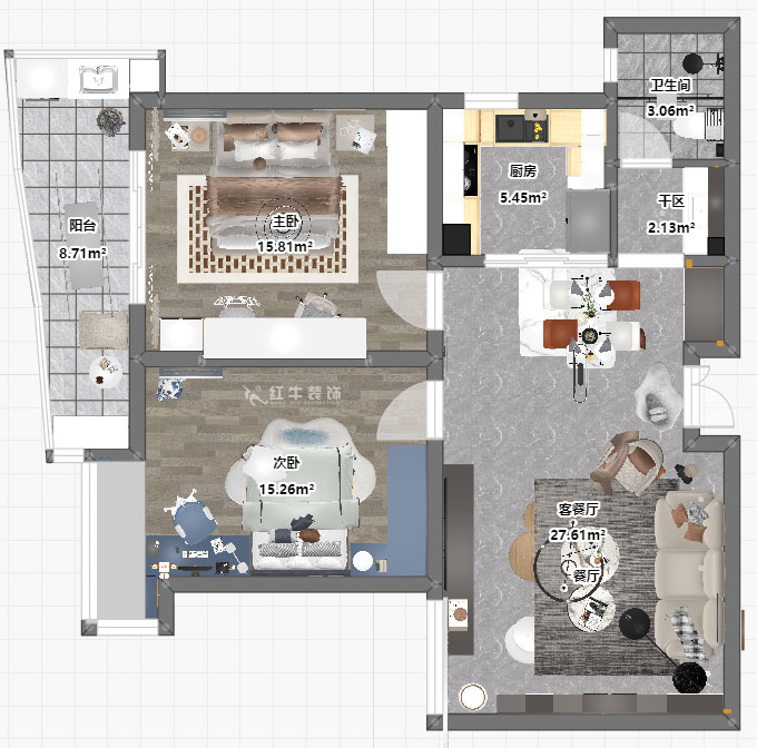 朱彥｜銀城東苑13-1402-99㎡-現(xiàn)代簡約風(fēng)格｜2室2廳1衛(wèi)｜老房裝修｜定制家｜全包13萬｜00_03平面彩圖