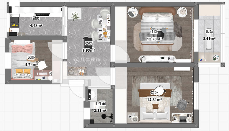 張桐瑋｜三條巷99號605-58㎡-現(xiàn)代簡約風(fēng)格｜3室1廳1衛(wèi)｜老房裝修｜定制家｜全包9萬｜00_04平面彩圖