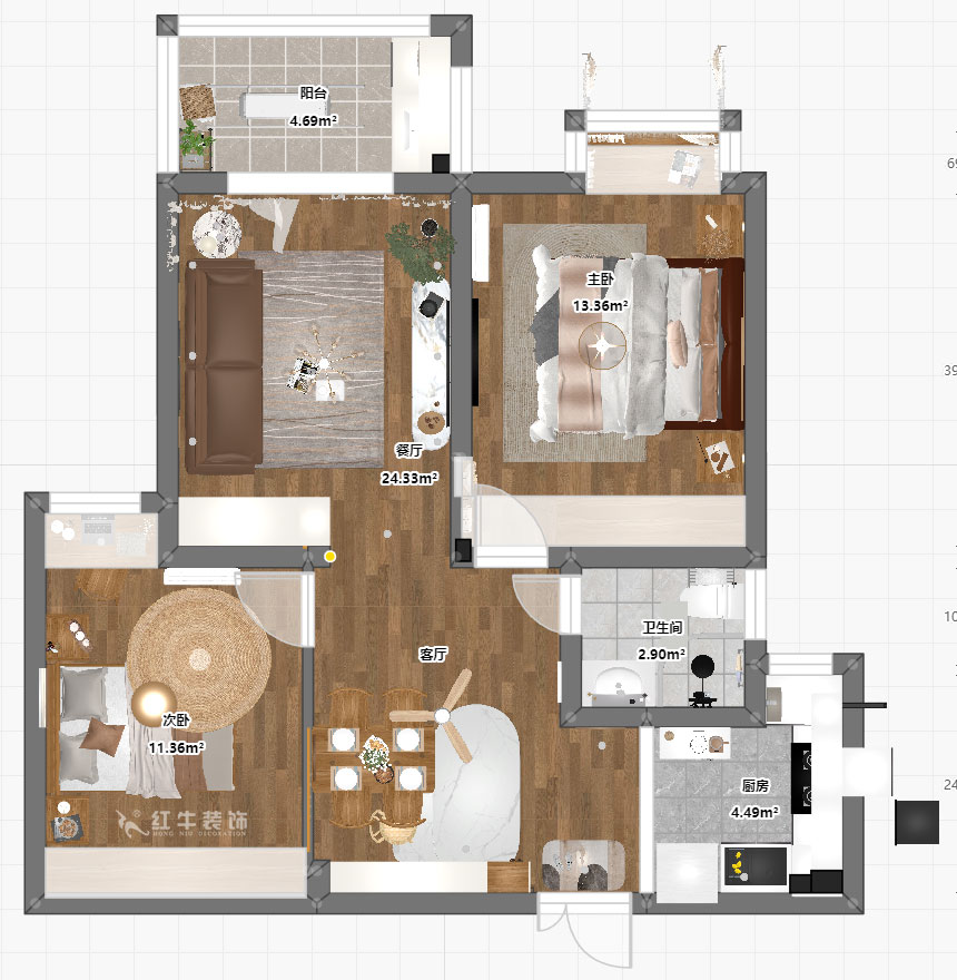 魏明花｜御道嘉庭7-3-1006-80㎡-現(xiàn)代簡(jiǎn)約風(fēng)格｜2室2廳1衛(wèi)｜毛坯房裝修｜定制家｜全包11萬｜00_03平面彩圖