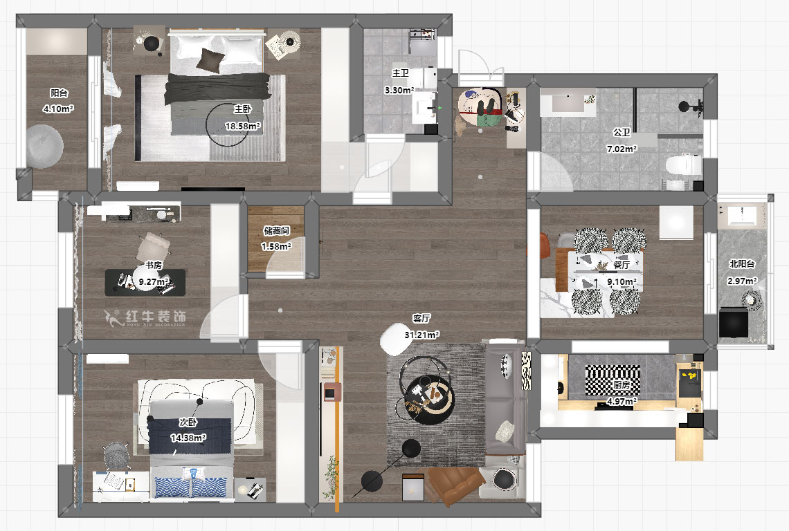 蔣?。鼤r代雅居18-305-130㎡-現(xiàn)代簡約風(fēng)格｜3室2廳2衛(wèi)｜老房裝修｜定制家｜全包15萬｜00_03平面彩圖
