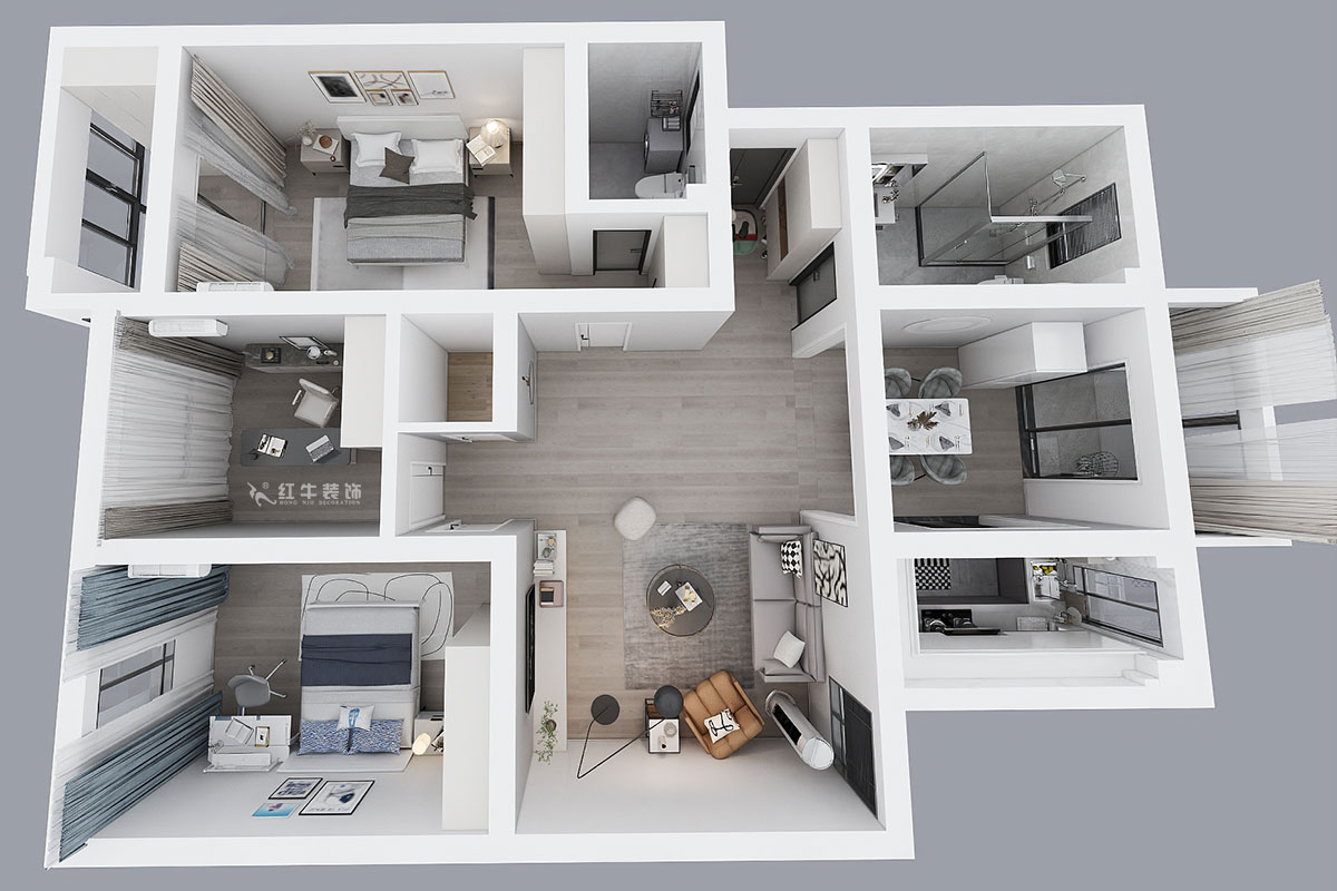 蔣?。鼤r代雅居18-305-130㎡-現(xiàn)代簡約風(fēng)格｜3室2廳2衛(wèi)｜老房裝修｜定制家｜全包15萬｜00_04鳥瞰圖