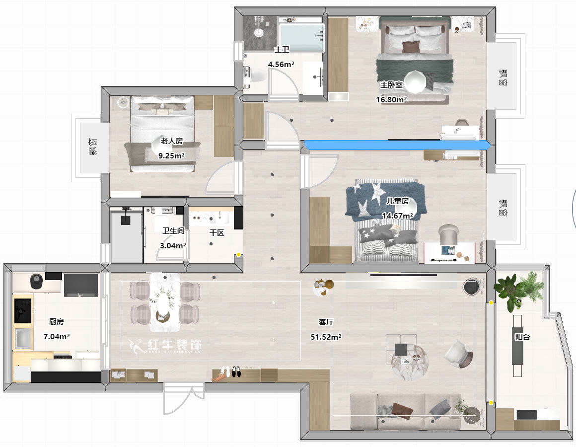 陸利民｜楓丹白露城市花園32-301-126㎡-現(xiàn)代簡約風格｜3室2廳2衛(wèi)｜舊房裝修｜半包9萬｜00_03平面彩圖