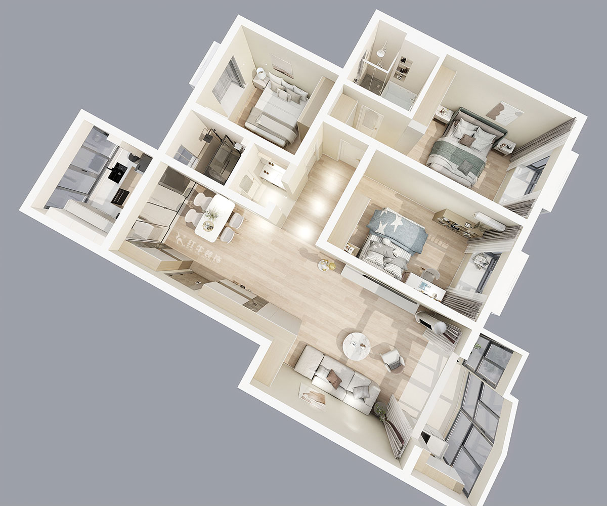 陸利民｜楓丹白露城市花園32-301-126㎡-現(xiàn)代簡約風格｜3室2廳2衛(wèi)｜舊房裝修｜半包9萬｜00_04鳥瞰圖