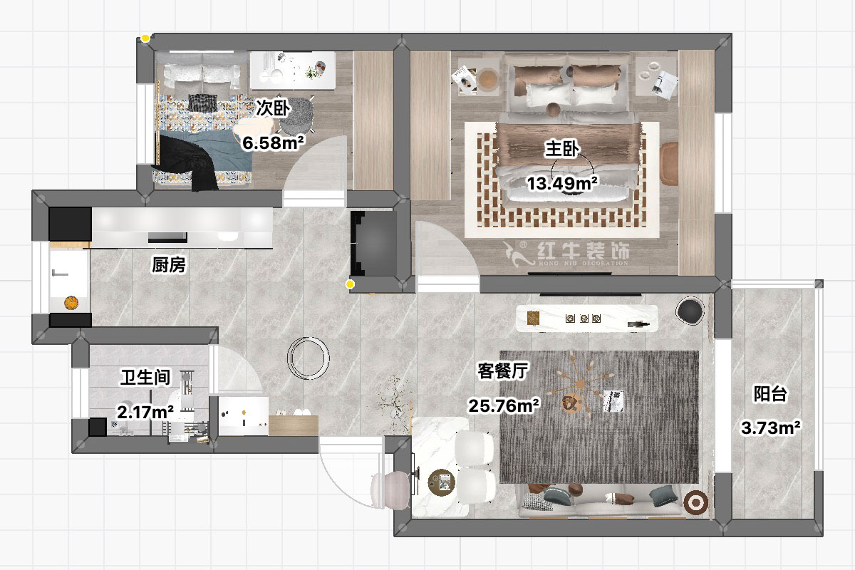 朱彥｜養(yǎng)回紅村5號小區(qū)5-1-101-65㎡-現(xiàn)代簡約風格｜3室1廳1衛(wèi)｜老房裝修｜定制家｜全包11萬｜00_03平面彩圖