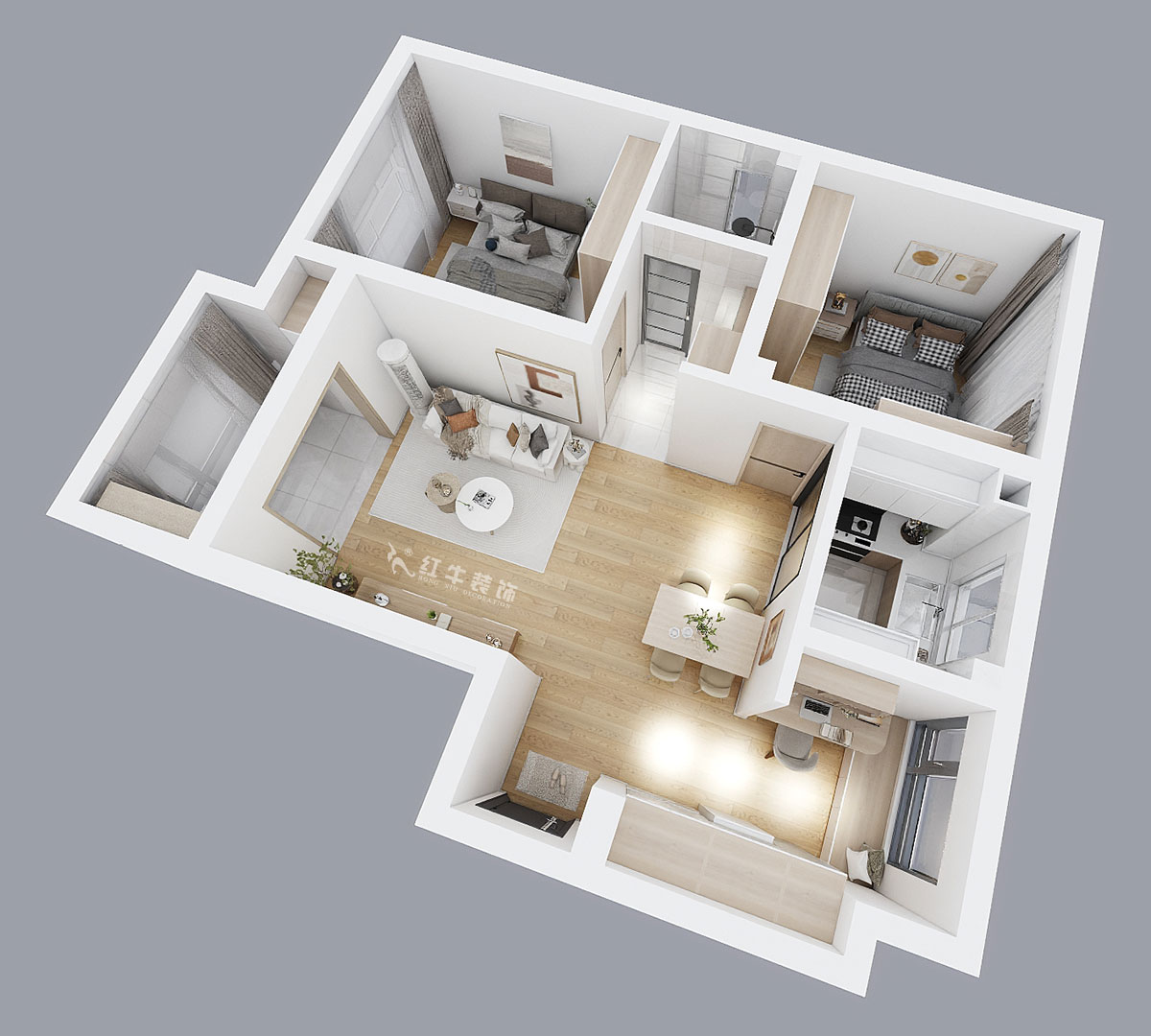 陸利民｜文墨花苑10-909-87㎡-現(xiàn)代風格｜3室2廳1衛(wèi)｜舊房裝修｜定制家｜全包12萬｜00_05鳥瞰圖