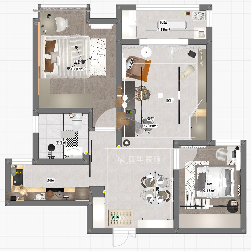 陶陽(yáng)｜萬(wàn)科金色里程10-1203-90㎡-簡(jiǎn)約風(fēng)格｜2室2廳1衛(wèi)｜新房裝修｜定制家｜全包12萬(wàn)｜00_03平面彩圖