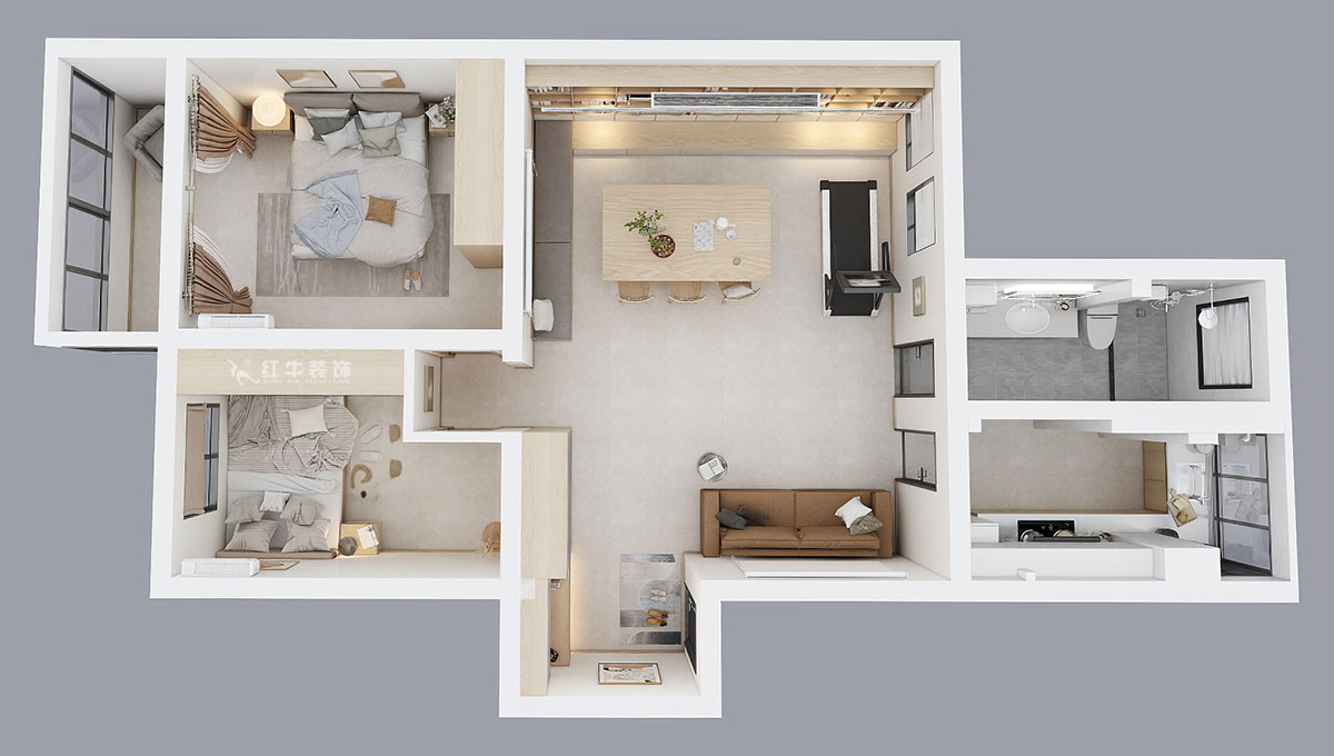 顧娟|御河苑1-2-704-103㎡-現(xiàn)代簡約風格|2室2廳1衛(wèi)|舊房裝修|定制家|全包13萬|00_04鳥瞰圖