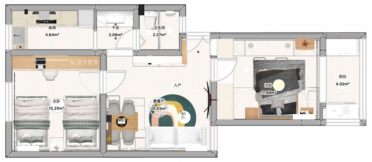 張智猿|煤炭港60號(hào)1-3-102-60㎡-現(xiàn)代奶油風(fēng)|2室1廳1衛(wèi)|老房裝修|定制家|全包12萬|00_04平面彩圖