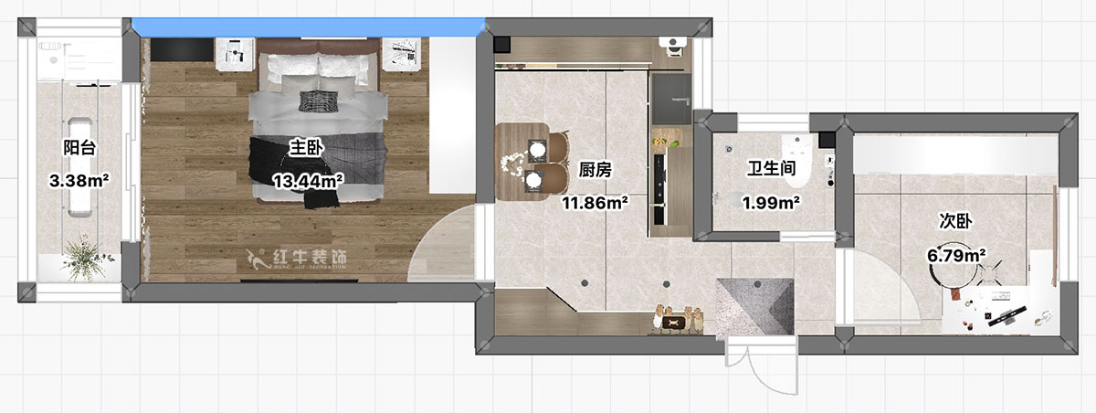 朱彥|西瓜圃橋46-603-60㎡-現(xiàn)代簡約風(fēng)格|2室1廳1衛(wèi)|老房裝修|定制家|全包8萬|00_03平面彩圖