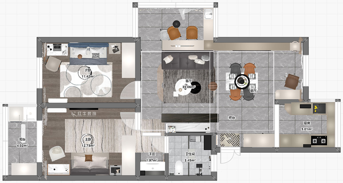 孟憲濤|武定新村5-5-310-90㎡-現(xiàn)代簡約風(fēng)格|2室2廳1衛(wèi)|老房裝修|定制家|全包14萬|00_03平面彩圖