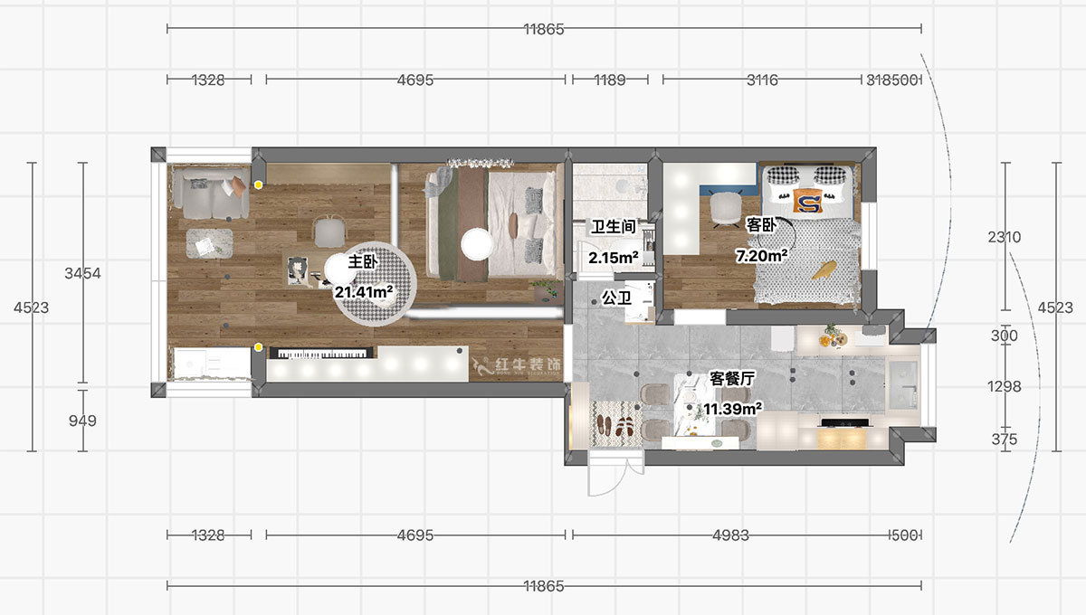 顧娟｜寧海路201號1-507-60㎡-現代簡約風格｜2室2廳1衛(wèi)｜舊房裝修｜定制家｜全包11