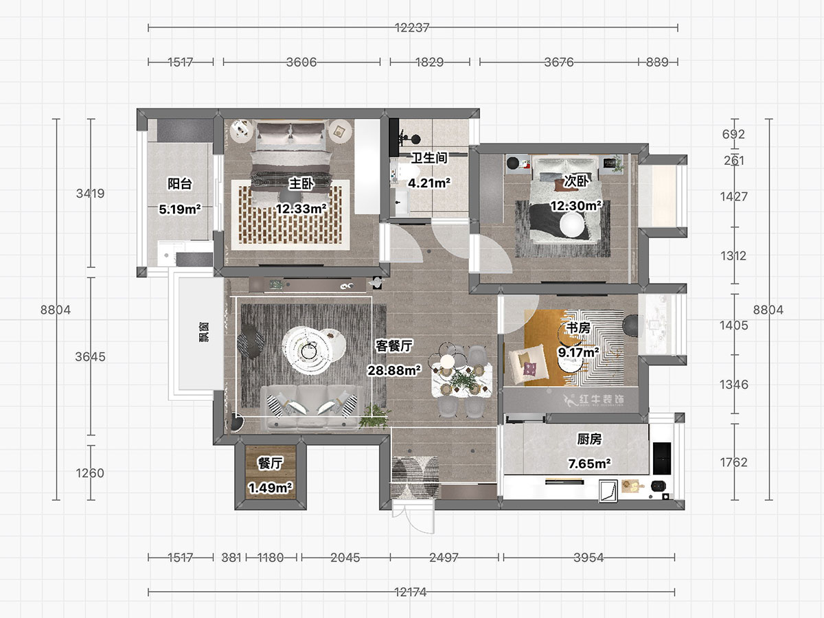 朱彥｜恒山花苑1-3-703-106㎡-現(xiàn)代簡約風(fēng)格｜3室2廳1衛(wèi)｜新房裝修｜定制家｜全包14萬｜00_03平面彩圖