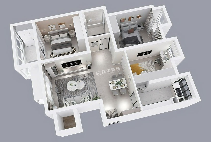 朱彥｜恒山花苑1-3-703-106㎡-現(xiàn)代簡約風(fēng)格｜3室2廳1衛(wèi)｜新房裝修｜定制家｜全包14萬｜00_04鳥瞰圖