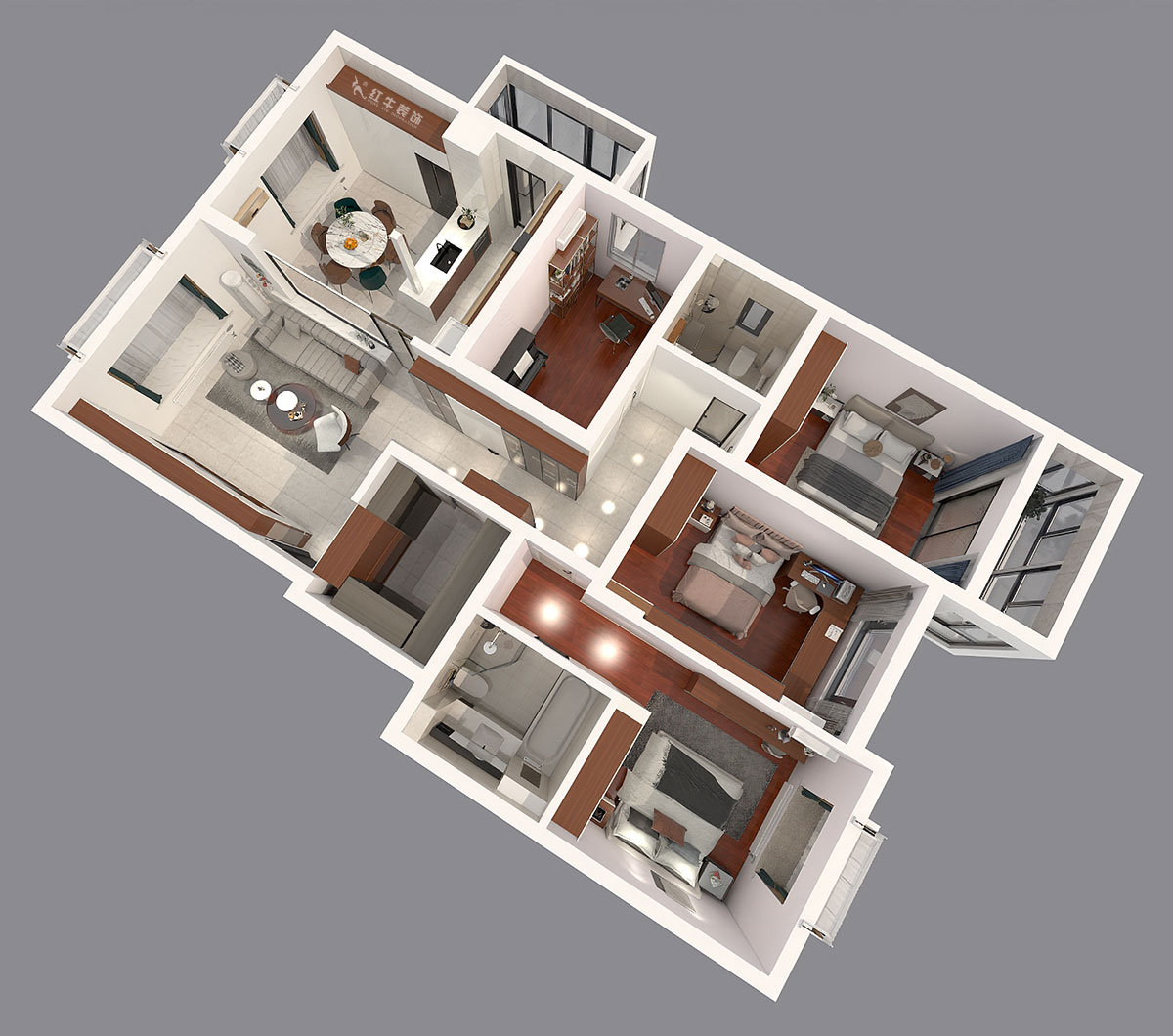 陸利民｜東郊美樹苑2-901-150㎡-現(xiàn)代簡(jiǎn)約風(fēng)格｜4室2廳2衛(wèi)｜舊房裝修｜定制家｜全包21萬(wàn)｜00_05鳥瞰圖