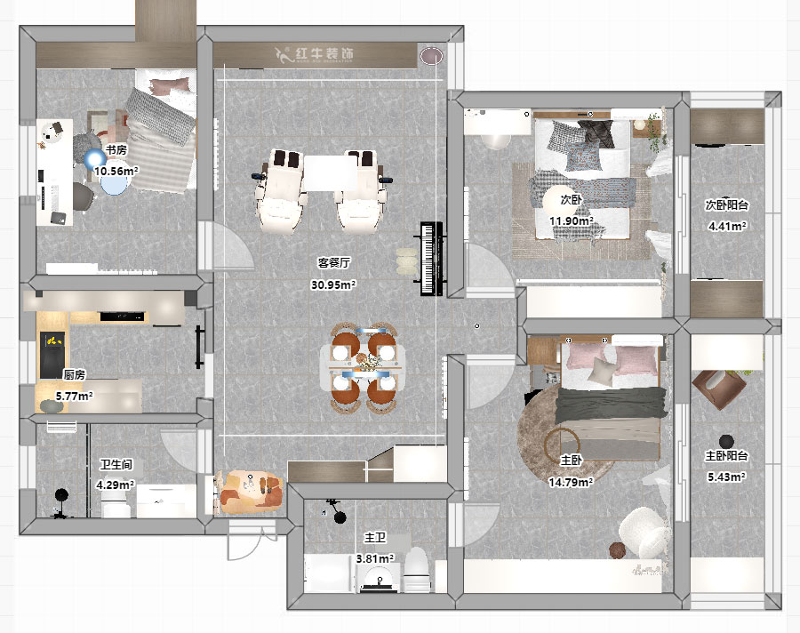 陶陽｜二條巷2-201-117㎡-簡約風格｜3室1廳2衛(wèi)｜二手房裝修｜定制家｜全包16萬｜00_03平面彩圖