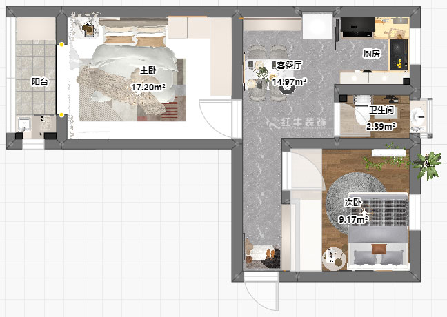 朱明琪|碑亭巷139號2-503-57㎡-現(xiàn)代風格|2室1廳1衛(wèi)|老房改造|定制家|全包12萬|00_03平面彩圖
