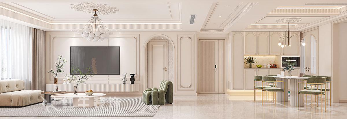 蔣?。鸪?1-3-2206-140㎡-法式奶油風(fēng)格｜3室2廳2衛(wèi)｜新房裝修｜定制家｜全包23萬(wàn)｜00電視背景