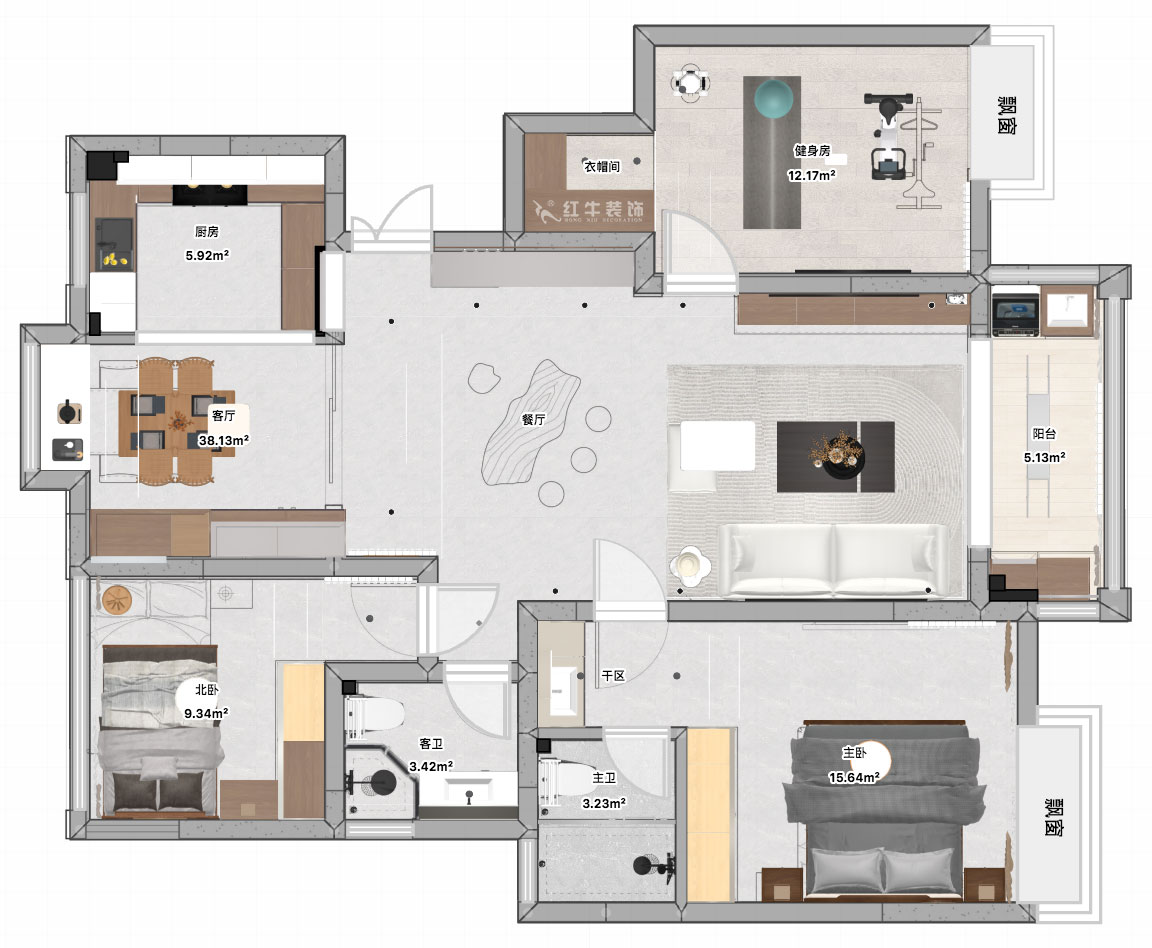 張智猿|啟迪城博園1-302-114㎡-現(xiàn)代風(fēng)格|3室2廳1衛(wèi)|新房裝修|定制家|全包17萬|00_04平面彩圖