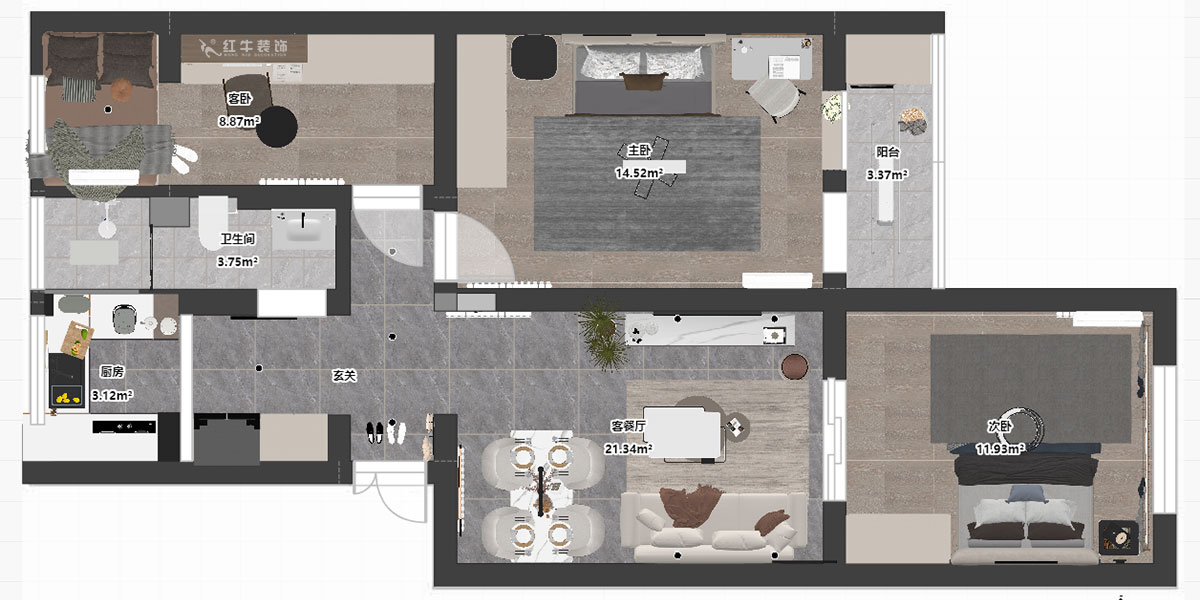孟憲濤|理工大121棟4-208-82㎡-現(xiàn)代簡約風格|3室2廳1衛(wèi)|老房裝修|定制家|全包12萬|00_03平面彩圖
