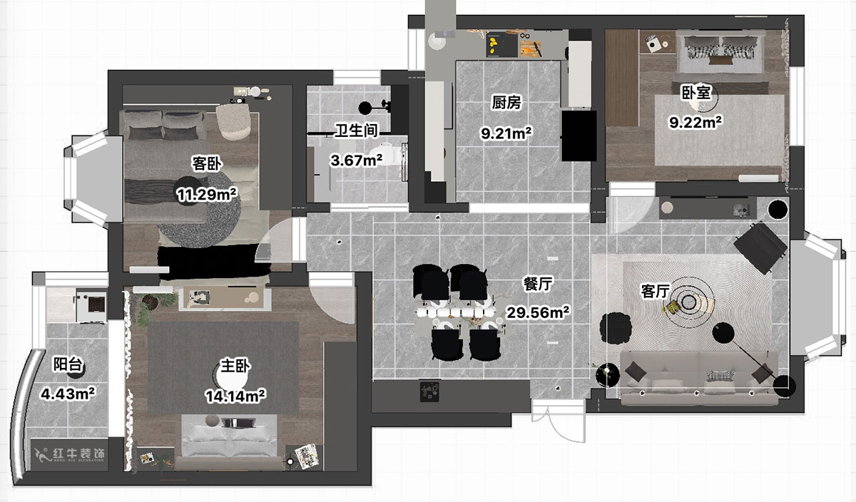 吳波｜良城美景15-1-902-105㎡-現(xiàn)代簡約風格｜3室2廳1衛(wèi)｜舊房裝修｜定制家｜全包14萬｜00_04平面彩圖