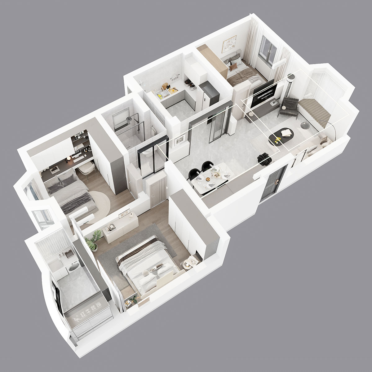 吳波｜良城美景15-1-902-105㎡-現(xiàn)代簡約風格｜3室2廳1衛(wèi)｜舊房裝修｜定制家｜全包14萬｜00_05鳥瞰圖