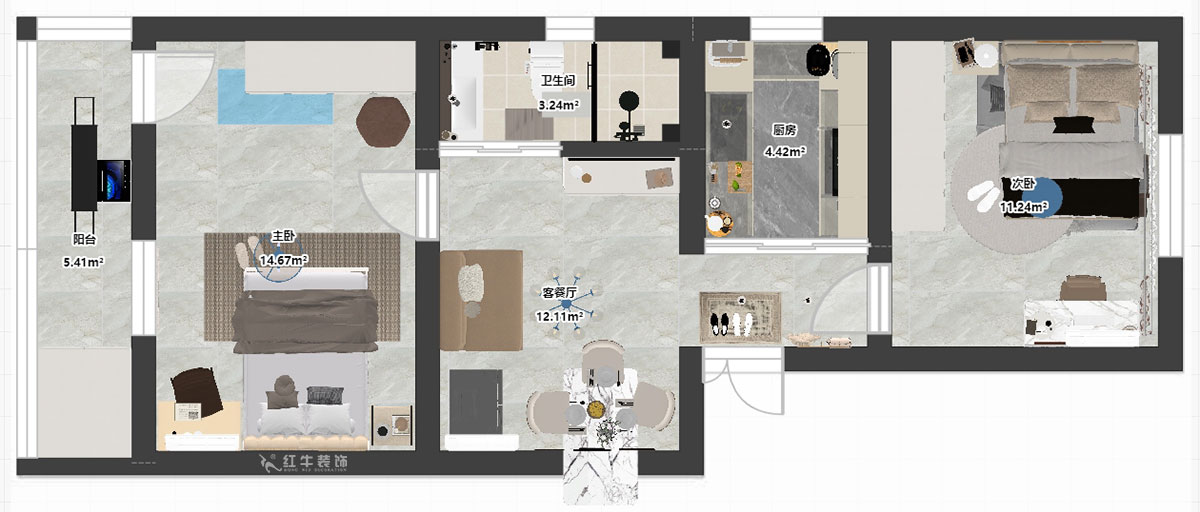 陶陽|觀門口北村3-6-512-65㎡-簡(jiǎn)約風(fēng)格|2室1廳1衛(wèi)|二手房裝修|定制家|全包10萬|00_03平面彩圖