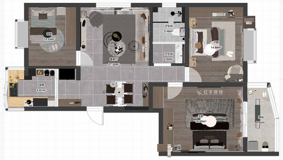 陶陽|清雅苑1-1-201-105㎡-簡約風格|3室1廳1衛(wèi)|二手房裝修|定制家|全包15萬|00_04平面彩圖