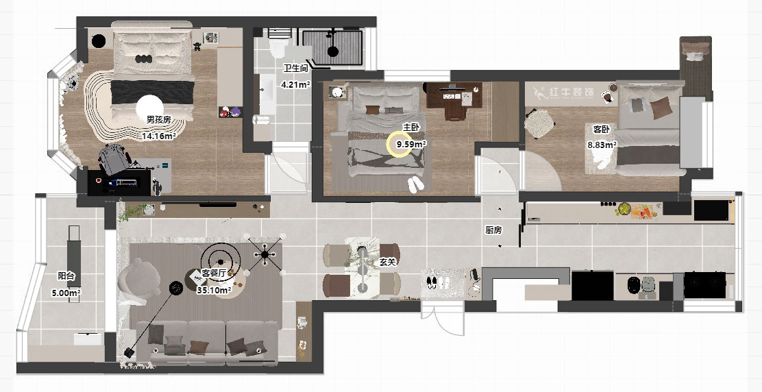 朱明琪｜怡馨花園1-2-202-98㎡-現(xiàn)代簡(jiǎn)約風(fēng)格｜3室2廳1衛(wèi)｜老房裝修｜定制家｜全包15萬(wàn)｜00_03平面彩圖