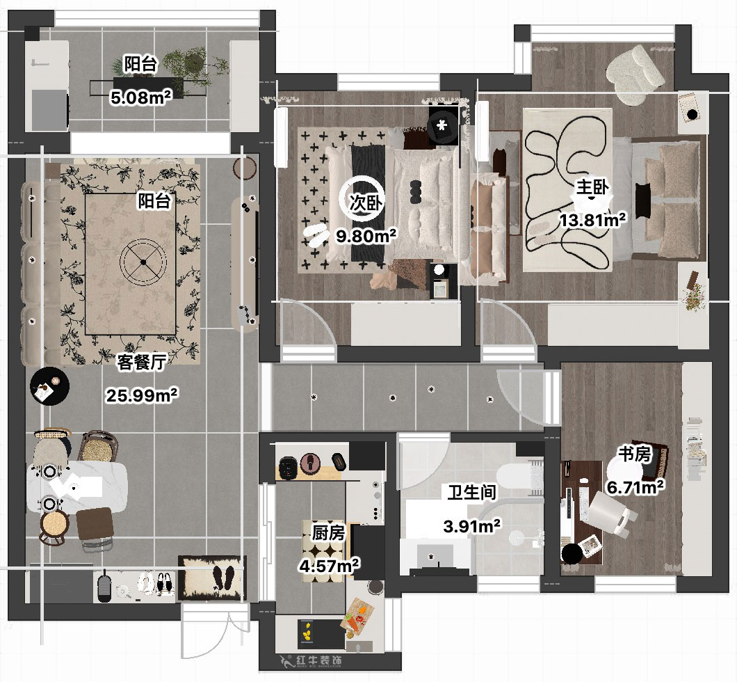 吳波｜紫金上品苑4-1002-90㎡-現(xiàn)代簡約風(fēng)格｜3室2廳1衛(wèi)｜新房裝修｜定制家｜全包12萬｜00_04平面彩圖