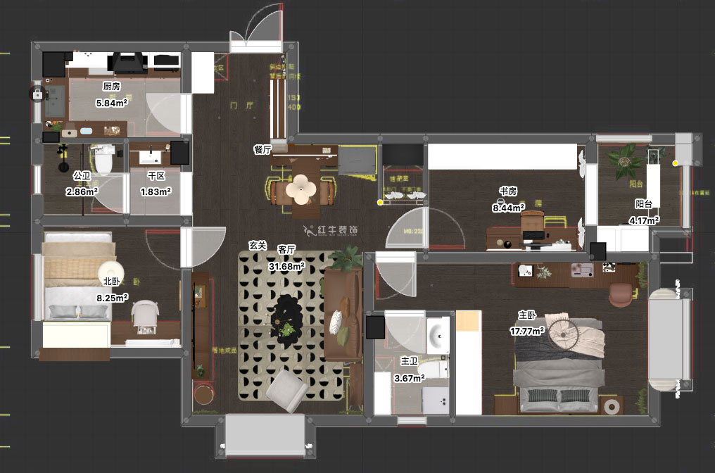 蔣?。鹩驀H10-2004-105㎡-現(xiàn)代簡約風(fēng)格｜3室1廳1衛(wèi)｜毛坯裝修｜定制家｜全包12萬｜00_03平面彩圖